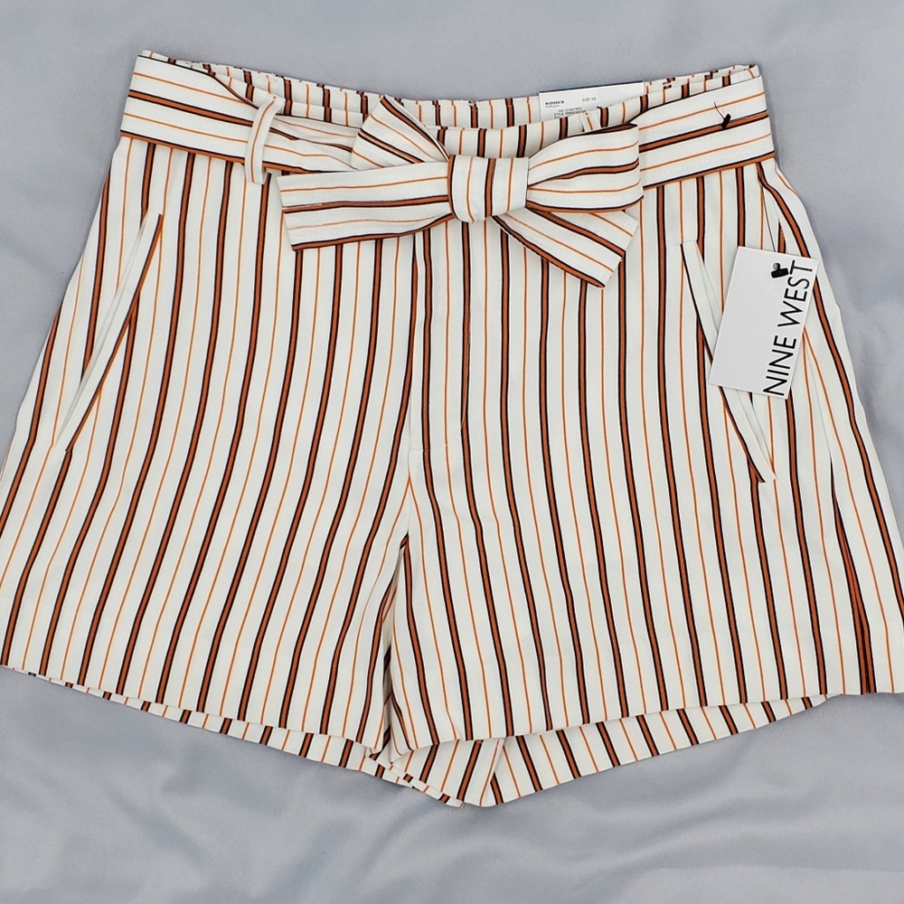 Nine West Women's Belted Orange And Black Striped Shorts